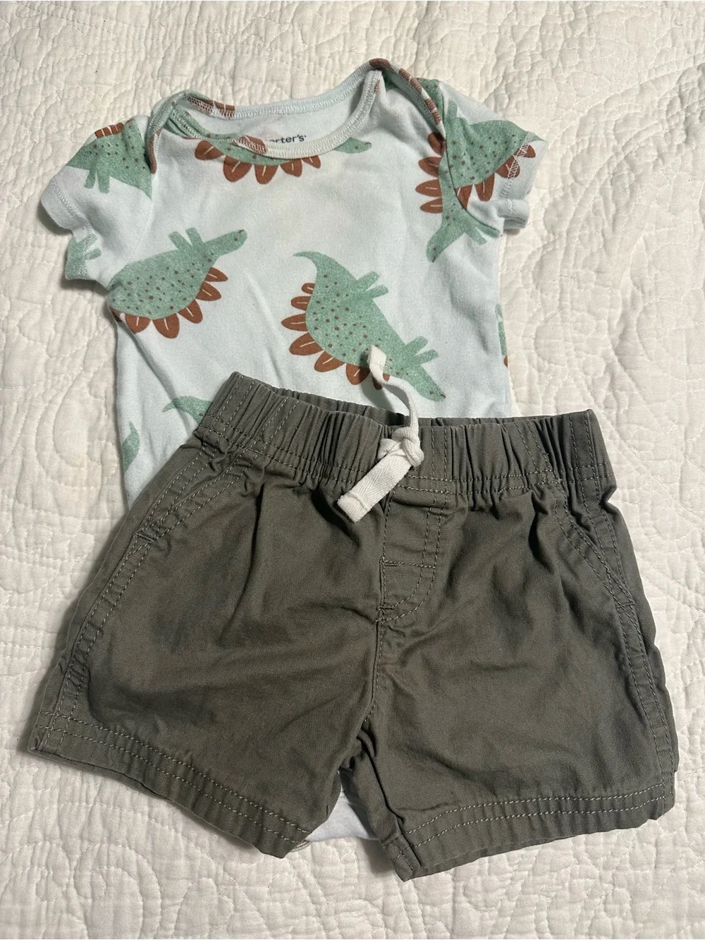 0284 Carter's Olive Green Elastic Waist Baby Shorts and Dino onesie 9 months